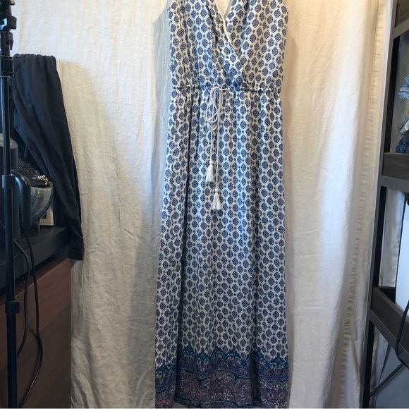 Crescent maxi dress deep v neck aqua paisley print border tassel drawstring M - Picture 2 of 14